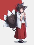  1girl animal_ear_fluff animal_ears bangs black_hair blush borrowed_character bow breasts commentary_request eyebrows_visible_through_hair fox_ears fox_girl fox_tail grey_background hair_between_eyes hair_bow hakama hands_up high_ponytail highres japanese_clothes kimono kitsune kuro_kosyou long_hair multiple_tails original parted_lips ponytail red_background red_bow red_hakama shadow short_sleeves small_breasts socks solo standing tabi tail two-tone_background very_long_hair violet_eyes white_kimono white_legwear wide_sleeves 