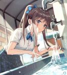  1girl absurdres blue_bow blue_eyes blue_neckwear blue_skirt blurry blurry_background blush bow bowtie breasts brown_hair closed_mouth collared_shirt depth_of_field dress_shirt duplicate faucet from_side glint hair_bow harui_(huruyi_817) high_ponytail highres indoors leaning_forward long_hair looking_at_viewer looking_to_the_side medium_breasts original plaid plaid_skirt pleated_skirt ponytail school_uniform shirt short_sleeves skirt smile solo uniform water 