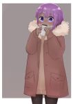  1girl bangs black_legwear blush brown_coat brown_sweater coat coffee_cup cup dark_skin disposable_cup eyebrows_visible_through_hair fate/prototype fate/prototype:_fragments_of_blue_and_silver fate_(series) fur-trimmed_coat fur_trim grey_background hair_between_eyes hands_up hassan_of_serenity_(fate) highres holding holding_cup i.u.y long_sleeves nose_blush open_clothes open_coat pantyhose parted_lips purple_hair sleeves_past_wrists solo sweater two-tone_background violet_eyes white_background 