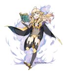  1girl ahoge blonde_hair book breasts cape circlet fire_emblem fire_emblem_fates full_body graysheartart green_eyes highres holding holding_weapon looking_at_viewer ophelia_(fire_emblem) reaching_out smoke solo thigh-highs weapon 