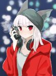  1girl animal_ears arknights beanie black_headwear can can_to_cheek eyebrows_visible_through_hair fox_ears frostleaf_(arknights) grey_shirt hat headphones headphones_around_neck highres holding holding_can hood hood_down jacket kurakak6 looking_at_viewer medium_hair nail_polish open_clothes open_jacket outdoors red_eyes red_jacket red_nails shirt solo white_hair 