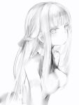  1girl bare_shoulders braid breasts closed_mouth covered_nipples french_braid from_side greyscale highres large_breasts long_hair looking_at_viewer looking_to_the_side marshmallow-chan_(nanashi) monochrome nanashi_(nlo) original pale_skin simple_background solo upper_body white_background 