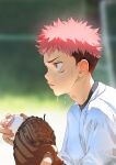  1boy alternate_costume baseball baseball_mitt baseball_uniform beitemian blurry blurry_background brown_eyes brown_hair facial_mark from_side frown highres itadori_yuuji jujutsu_kaisen male_focus pink_hair short_hair solo spiky_hair sportswear sweat undercut upper_body younger 