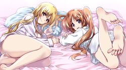  2girls :p bangs bed bed_sheet blonde_hair blue_eyes brown_hair closed_mouth commentary_request dress_shirt eyebrows_visible_through_hair fate_testarossa feet feet_up from_behind hair_tie kuroi_mimei legs long_hair long_sleeves looking_at_viewer looking_back lying lyrical_nanoha mahou_shoujo_lyrical_nanoha_strikers multiple_girls naked_shirt on_bed on_side on_stomach pillow red_eyes shirt side_ponytail smile takamachi_nanoha tongue tongue_out white_shirt 