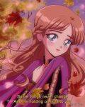 1980s_(style) anna_(frozen) artist_name autumn_leaves bangs blue_eyes brown_hair english_commentary english_text film_grain floating_hair frozen_(disney) frozen_ii_(disney) hanavbara hand_on_own_chest highres light_blush long_hair looking_to_the_side parted_bangs retro_artstyle smile sparkle subtitled 