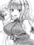  1girl :d braid breasts claw_pose copyright_request covered_nipples fang french_braid greyscale hand_up highres large_breasts long_hair looking_at_viewer monochrome nanashi_(nlo) open_mouth pointy_ears skin_fang smile solo upper_body 
