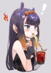  1girl absurdres bangs black_gloves blue_eyes blunt_bangs cheek_bulge chopsticks cup_noodle dadada eating food gloves highres hololive hololive_english instant_ramen long_hair multicolored_hair ninomae_ina&#039;nis noodles pointy_ears purple_hair ramen ramen solo tentacle_hair tentacles virtual_youtuber 