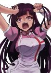  1girl angry apron bandaged_arm bandages breasts collared_shirt dangan_ronpa_(series) dangan_ronpa_2:_goodbye_despair hair_pull hand_in_hair highres large_breasts long_hair nurse open_mouth puffy_short_sleeves puffy_sleeves purple_hair shirt short_sleeves simple_background solo tsumiki_mikan tsunemi_aosa violet_eyes white_apron white_background 