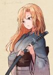  1girl blonde_hair blue_kimono brown_background grey_eyes head_tilt holding holding_sword holding_weapon hornet_(kantai_collection) japanese_clothes kantai_collection katana kimono long_hair looking_to_the_side sheath sheathed simple_background solo sword twitter_username upper_body weapon wss_(nicoseiga19993411) 