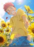  1boy beitemian blue_pants brown_eyes brown_hair facial_mark floral_background flower from_below highres itadori_yuuji jujutsu_kaisen looking_at_viewer male_focus midriff_peek outdoors pants petals pink_hair shirt short_hair sky smile solo spiky_hair sunflower sunlight undercut whistle whistle_around_neck wind wind_lift yellow_shirt younger 