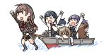  &gt;_&lt; 5girls arashio_(kantai_collection) asashio_(kantai_collection) black_capelet black_dress black_footwear black_hair boat boots braid brown_hair capelet closed_eyes double_bun dress grey_hair highres hood hood_up hooded_capelet kantai_collection long_hair long_sleeves michishio_(kantai_collection) multiple_girls ooshio_(kantai_collection) pinafore_dress pulling raised_fist remodel_(kantai_collection) shinshuu_maru_(kantai_collection) shirt short_hair short_twintails tanbe_(nabeya) translation_request twin_braids twintails water watercraft white_shirt 