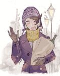  1boy alternate_costume augustine_sycamore bag beanie blush bottle brown_hair closed_eyes coat commentary_request eyebrows_visible_through_hair gloves hands_up hat holding kusuribe lamppost male_focus open_mouth outdoors paper_bag pokemon pokemon_(game) pokemon_xy purple_coat purple_headwear smile solo waving wine_bottle 