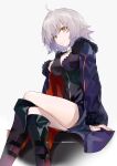  1girl absurdres ahoge boots breasts fate/grand_order fate_(series) fur-trimmed_jacket fur_trim highres jacket jeanne_d&#039;arc_(alter)_(fate) jeanne_d&#039;arc_(fate)_(all) long_hair looking_at_viewer medium_breasts same_(sendai623) silver_hair sitting solo very_long_hair yellow_eyes 