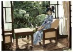  1girl barefoot black_hair blue_eyes blue_kimono blush chair closed_mouth curtains door flower hands_together highres indoors japanese_clothes kimono leaf legs_together looking_at_viewer original orudero plant ponytail scrunchie sitting sliding_doors smile solo table tree 