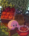  :o apple bag bush crate food fruit grass highres kirby kirby_(series) miclot no_humans open_mouth orange_(fruit) solo strawberry wooden_spoon 