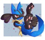  commentary fang full_body furry gen_4_pokemon highres lucario nullma open_mouth paws pokemon pokemon_(creature) spikes toes tongue yellow_fur 