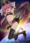  1boy armpits astolfo_(fate) astolfo_(saber)_(fate) bare_shoulders belt black_bow black_gloves black_legwear black_neckwear black_ribbon black_shirt black_skirt blush bow bowtie crop_top earth elbow_gloves fate/grand_order fate_(series) full_body gloves hair_intakes highres long_hair long_sleeves looking_at_viewer low_twintails male_focus midriff multicolored_hair navel otoko_no_ko pink_hair planet pleated_skirt ribbon shirt skirt smile space streaked_hair sun suppa_(hagakuresuppa) thigh-highs twintails violet_eyes white_hair 