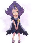  1girl acerola_(pokemon) armlet closed_mouth collarbone dress elite_four flipped_hair hair_ornament highres long_hair looking_at_viewer nyonn24 pokemon pokemon_(game) pokemon_sm purple_hair short_sleeves smile solo topknot trial_captain 