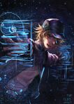  +infinitytlxy 1boy akudama_drive artificial_eye artist_name black_headwear blonde_hair dated hacker_(akudama_drive) hat highres holographic_interface jacket looking_at_viewer male_focus mechanical_eye outstretched_arms simple_background sketch solo upper_body 