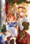  3girls alternate_costume bangs blonde_hair blue_eyes blue_sweater braid christmas_ornaments christmas_present christmas_tree christmas_wreath commentary_request crossed_bangs eyebrows_visible_through_hair fate/grand_order fate_(series) frosted_glass fujimaru_ritsuka_(female) green_eyes hair_between_eyes hair_ornament hair_scrunchie hairband high-waist_skirt jack_the_ripper_(fate/apocrypha) jeanne_d&#039;arc_(fate) jeanne_d&#039;arc_(fate)_(all) long_hair looking_at_another multiple_girls one_side_up open_mouth red_skirt redhead ririkuto scar scar_across_eye scarf scrunchie short_hair silver_hair skirt smile snowflakes snowman sweater sweater_vest turtleneck turtleneck_sweater white_sweater window winter_clothes 