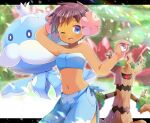 1girl ;d arm_behind_head bangs bare_arms bare_shoulders blue_bandeau blue_eyes blurry blurry_background breasts brown_hair collarbone crop_top crown dark_skin depth_of_field eyebrows_visible_through_hair flower hair_flower hair_ornament holding holding_poke_ball jellicent jellicent_(male) kouu_hiyoyo letterboxed looking_at_viewer mini_crown navel one_eye_closed open_mouth phoebe_(pokemon) pink_flower poke_ball poke_ball_(basic) pokemon pokemon_(creature) pokemon_(game) pokemon_rse sarong short_hair small_breasts smile tree trevenant