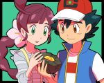  1boy 1girl amada ash_ketchum braid braided_ponytail brown_hair chloe_(pokemon) commentary_request eyelashes flower fossil green_eyes hair_flower hair_ornament hat long_hair pokemon pokemon_(anime) pokemon_swsh_(anime) shirt short_hair short_sleeves white_shirt 