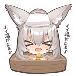  1girl animal_ear_fluff animal_ears bangs bath bathing big_head chibi commentary_request facing_viewer food fox_ears grey_hair hair_between_eyes highres holding holding_food original partially_submerged ponytail sidelocks simple_background solo translation_request water white_background yuuji_(yukimimi) 