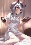  1girl alternate_costume book bottle breast_pocket extra_ears eyebrows_visible_through_hair grey_hair hat highres holding holding_book indoors kemono_friends medical_scrubs medicine_bottle multicolored_hair northern_white-faced_owl_(kemono_friends) nurse nurse_cap on_bed open_book orange_eyes owl_ears pantyhose pen pocket short_hair short_sleeves sitting solo stethoscope tadano_magu translated wariza white_hair white_legwear 