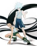  2boys absurdres bare_arms bare_shoulders black_hair blue_eyes blue_shorts boots brown_eyes child expressionless fighting_stance floating_hair full_body glowing glowing_hair gon_freecss green_footwear green_shorts highres hunter_x_hunter k.g_(matsumoto_zo) killua_zoldyck knee_boots long_hair male_focus messy_hair midriff_peek multiple_boys serious short_hair shorts silver_hair skinny spiky_hair spoilers spread_legs tank_top toned toned_male very_long_hair white_background white_hair white_tank_top 