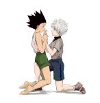  2boys bare_arms bare_shoulders black_hair blue_eyes blue_shorts brown_eyes child eye_contact flower from_side full_body gon_freecss green_shorts highres holding holding_flower hunter_x_hunter k.g_(matsumoto_zo) killua_zoldyck leg_between_thighs looking_at_another male_focus messy_hair multiple_boys short_hair shorts silver_hair skinny spiky_hair tank_top white_hair white_tank_top 