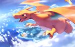  above_clouds blanco026 charizard claws clouds commentary_request day fangs fire flame flying gen_1_pokemon gen_3_pokemon green_eyes no_humans open_mouth outdoors pelipper pokemon pokemon_(creature) smile tongue water wingull 