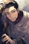  1boy arisaka black_eyes black_hair blue_jacket bolt_action cloak closed_mouth facial_hair goatee golden_kamuy gun hair_slicked_back hair_strand highres imperial_japanese_army jacket long_sleeves looking_away male_focus military military_uniform ogata_hyakunosuke oziozi_kamuy rifle scar scar_on_cheek scar_on_face short_hair sling smile solo uniform upper_body weapon white_cloak 