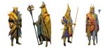  4boys armor clenched_hand cloak fantasy gold_armor highres holding holding_staff hood looking_ahead looking_down male_focus mask multiple_boys original siku199 staff standing white_background 