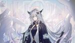 1girl animal_ears arknights black_coat blood blood_on_face blue_eyes chinese_commentary coat commentary echj hair_ornament halo lappland_(arknights) lappland_(refined_horrormare)_(arknights) looking_at_viewer messy_hair scar scar_across_eye sketch solo standing white_hair wolf_ears