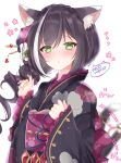  1girl :o animal_ear_fluff animal_ears artist_name bangs black_hair blush braid cat_ears cat_girl cat_tail eyebrows_visible_through_hair floral_print french_braid frills gem green_eyes hair_ornament japanese_clothes karyl_(princess_connect!) kimono long_hair looking_at_viewer motion_lines multicolored_hair neco_meito obi playing_with_own_hair princess_connect! princess_connect!_re:dive sash signature solo streaked_hair tail tail_wagging white_background white_hair wide_sleeves 