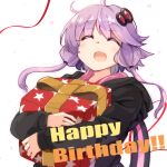  1girl :d ahoge black_jacket blush box closed_eyes commentary_request confetti facing_viewer gift gift_box hair_ornament happy_birthday highres jacket long_hair long_sleeves looking_at_viewer moja_(moja4192) object_hug open_mouth purple_hair simple_background sleeves_past_wrists smile solo voiceroid white_background yuzuki_yukari 
