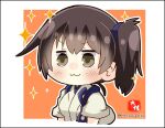  1girl :3 artist_name black_hair brown_eyes chibi commentary_request japanese_clothes kaga_(kantai_collection) kantai_collection long_hair orange_background side_ponytail solo sparkle square taisa_(kari) tasuki twitter_username two-tone_background upper_body white_background 