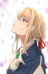  1girl ascot blonde_hair blue_eyes braid brooch crown_braid french_braid from_side hair_between_eyes highres jewelry looking_up parted_lips red_ribbon renzu_(lens_02) ribbon solo upper_body violet_evergarden violet_evergarden_(character) 