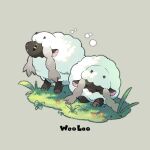  blanco026 character_name closed_eyes commentary_request flower gen_8_pokemon grass grey_background looking_up no_humans open_mouth pokemon pokemon_(creature) sheep sleeping smile standing tongue wooloo 