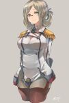  1girl black_neckwear brown_legwear buttons closed_mouth collared_shirt cropped_legs epaulettes eyebrows_visible_through_hair folded_ponytail glasses green_eyes grey_background grey_shirt grey_skirt highres jacket kantai_collection katori_(kantai_collection) light_brown_hair long_hair long_sleeves military military_uniform necktie pantyhose pencil_skirt shirt signature simple_background skirt smile solo sunday_aki uniform white_jacket 