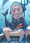  1girl :d absurdres animal_hood bangs blue_eyes blue_hair blue_hoodie blue_nails bubble crossed_legs fish_tail gawr_gura haowei_wu highres hololive hololive_english hood hoodie long_sleeves looking_at_viewer multicolored_hair nail_polish open_mouth polearm shark_hood shark_tail sharp_teeth shoes sitting smile sneakers solo streaked_hair tail teeth trident underwater virtual_youtuber weapon white_footwear white_hair 