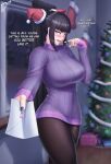  1girl absurdres bangs black_hair black_legwear black_nails blunt_bangs breasts christmas christmas_tree diskette dress drill_hair english_commentary english_text fingernails han_juri hat highres indoors large_breasts letter looking_at_viewer love_letter mini_hat outstretched_arm pantyhose pov purple_sweater revision ribbed_sweater santa_hat signature solo street_fighter street_fighter_iv_(series) sweater sweater_dress thick_thighs thighs tsundere turtleneck turtleneck_sweater twin_drills violet_eyes winter winter_clothes 