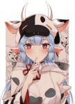  1girl animal_ears animal_print bangs blunt_bangs breasts collarbone commentary cow_ears cow_girl cow_hood cow_horns cow_print detached_sleeves draph drinking ear_piercing eyebrows_visible_through_hair granblue_fantasy highres horns large_breasts looking_at_viewer milk piercing red_eyes shatola_(granblue_fantasy) sheer_clothes solo tana_(tanabio) twitter_username upper_body 