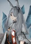  1girl absurdres animal_ears arknights black_eyes coat commentary crystal frostnova_(arknights) grey_hair grey_shirt highres long_hair looking_at_viewer rabbit_ears scar scar_on_face scar_on_nose shirt snow solo upper_body weiwu_ling_suzu white_coat 