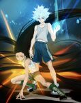  2boys absurdres bare_arms bare_shoulders black_hair blue_eyes blue_shorts boots brown_eyes child energy expressionless fighting_stance floating_hair full_body glowing glowing_hair gon_freecss green_footwear green_shorts highres huge_filesize hunter_x_hunter k.g_(matsumoto_zo) killua_zoldyck knee_boots long_hair male_focus messy_hair midriff_peek multiple_boys serious short_hair shorts silver_hair skinny spiky_hair spoilers spread_legs tank_top toned toned_male very_long_hair white_hair white_tank_top 