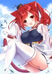  1girl :d animal_ears asakura_with_azu azur_lane blush breasts bubble cat_ears cat_tail i-19_(azur_lane) jacket large_breasts legs long_hair open_clothes open_jacket open_mouth red_eyes redhead sleeves_past_fingers sleeves_past_wrists smile solo tail thigh-highs twintails white_legwear 