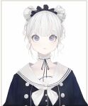  1girl absurdres bangs blunt_bangs border choker collarbone cropped_torso double_bun frilled_choker frills grey_eyes hairband highres huge_filesize korean_commentary looking_at_viewer mile_(mil2) original sailor_collar solo upper_body white_hair 