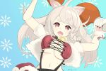  1girl absurdres animal_ears arms_up azur_lane bangs bell bell_collar blue_background braid breasts chicken_(food) collar commentary_request eyebrows_behind_hair fang food gloves highres holding holding_food large_breasts long_hair looking_at_viewer midriff navel official_alternate_costume open_mouth paw_gloves paws red_eyes shanghai_kani side_braid side_ponytail sidelocks silver_hair skin_fang skirt snowflake_background solo suspender_skirt suspenders tail thick_eyebrows under_boob upper_body white_gloves wolf_ears wolf_tail yuudachi_(azur_lane) yuudachi_(woofy_floofy_christmas_night)_(azur_lane) 