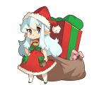  1girl bare_arms bell blue_hair bow bright_pupils christmas_gift closed_mouth commentary dress english_commentary fur-trimmed_dress fur-trimmed_headwear fur_trim green_bow hand_on_hip hat holding holding_sack jingle_bell long_hair looking_at_viewer neck_bell original pantyhose pointy_ears red_dress red_headwear sack santa_hat simple_background sleeveless sleeveless_dress smile solo stuffed_animal stuffed_bunny stuffed_toy vins-mousseux violet_eyes white_background white_legwear white_pupils 
