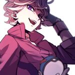  1boy absurdres bangs bede_(pokemon) blonde_hair blurry coat commentary_request curly_hair great_ball highres holding holding_poke_ball male_focus nakamura_mikoto open_mouth poke_ball pokemon pokemon_(game) pokemon_swsh popped_collar purple_coat short_hair smile solo teeth tongue violet_eyes white_background 